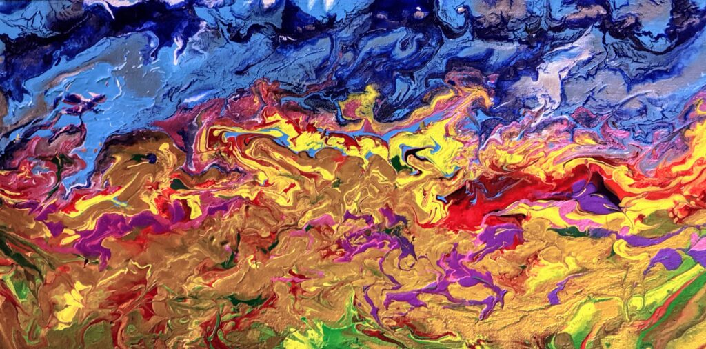 Vivid patches of blue darken as they approach the upper edge; a tumult of yellow, gold and patches of red churn in the lower section of this abstract painting.