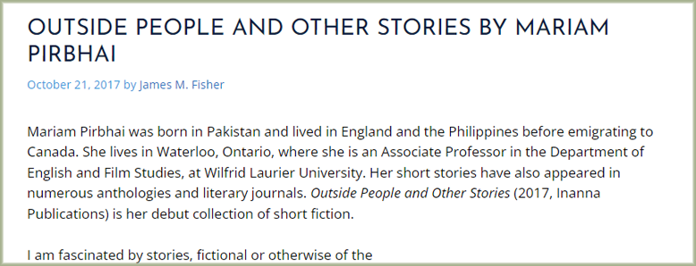 Review: Outside People and Other Stories by Mariam Pirbhai. by James M. Fisher. Miramichi Reader.