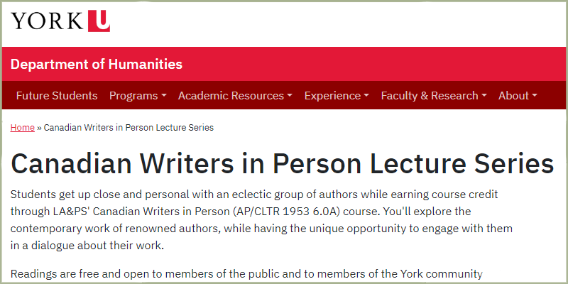 Page header from the website for York University's "Canadian Writers in Person Lecture Series."